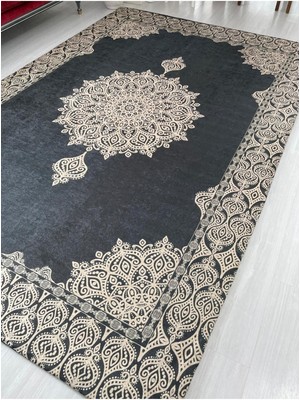 Carpet Cover Lacivert Gold Padişah Model Ipek Kadife Lastikli Halı Örtüsü