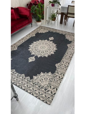 Carpet Cover Lacivert Gold Padişah Model Ipek Kadife Lastikli Halı Örtüsü