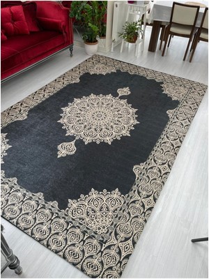 Carpet Cover Lacivert Gold Padişah Model Ipek Kadife Lastikli Halı Örtüsü