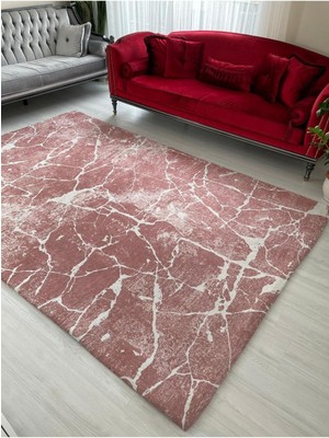 Carpet Cover Pembe Mermer Model Ipek Kadife Lastikli Halı Örtüsü