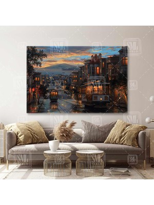 Sml Tablo Boğaz Manzarası Tramvay Romantik Şehir Gün Batımı Nostalji Yatay Kanvas Tablo