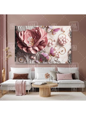 Sml Tablo Pembe Büyük Çiçek Ve Gold Detaylı Kelebekler Lüks Elagant Yatay Kanvas Tablo