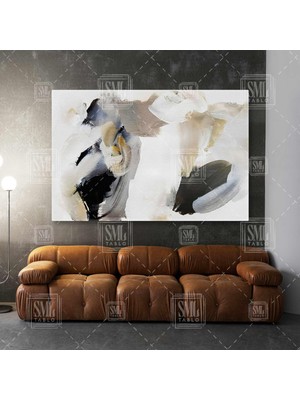 Sml Tablo Pastel Tonlarda Gold Ve Siyah Fırça Izleri Modern Soyut Yatay Kanvas Tablo