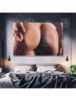 Sml Tablo Kalçası Cama Yapışan Nü Kadın Islak Cam Nude Yatay Kanvas Tablo