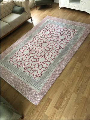 Carpet Cover Pembe Çini Model Ipek Kadife Lastikli Halı Örtüsü