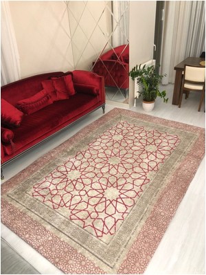 Carpet Cover Pembe Çini Model Ipek Kadife Lastikli Halı Örtüsü