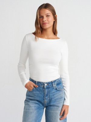 31401 Büzgülü Kayık Yaka Top-Ekru