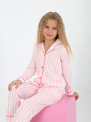 Vitmo Kız Çocuk %100 Pamuklu Düğmeli Pijama Takımı Uzun Kollu Pembe Çizgili Desen