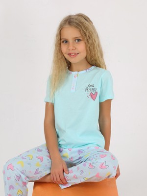 Vitmo Kız Çocuk Kısa Kollu  Pamuklu Düğme Detaylı Little Dreamer Pijama Takımı Yeşil