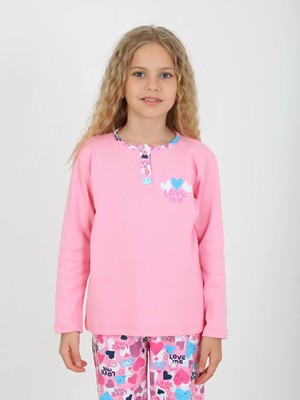 Vitmo Kız Çocuk Uzun Kollu  Pamuklu Düğme Detaylı Pijama Takımı Love Me