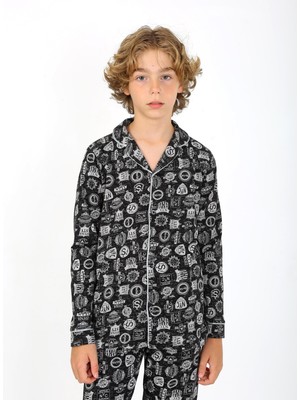 Erkek Çocuk Uzun Kollu %100 Pamuklu Düğmeli Pijama Takımı Arma Uzun