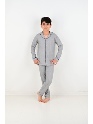 Erkek Çocuk Uzun Kollu %100 Pamuklu Düğmeli Pijama Takımı Mini Kare