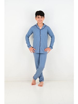 Erkek Çocuk Uzun Kollu %100 Pamuklu Düğmeli Pijama Takımı Mini Kare