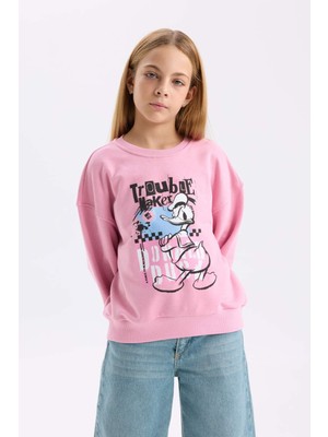 DeFacto Kız Çocuk Disney Mickey Mouse &Friends Relax Fit Bisiklet Yaka Sweatshirt D3114A824WN