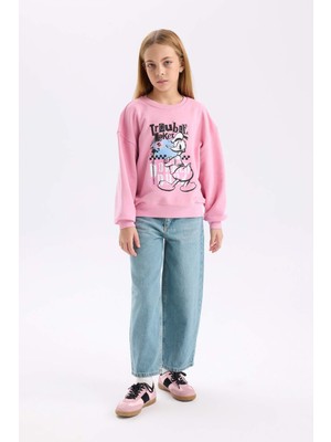 DeFacto Kız Çocuk Disney Mickey Mouse &Friends Relax Fit Bisiklet Yaka Sweatshirt D3114A824WN