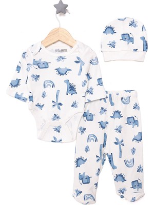 HelloBaby Dinazor Baskılı Yenidoğan Erkek Body-Patikli Alt-Şapka Erkek Bebek