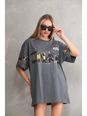 Unisex Bisiklet Yaka Baskılı Oversize T-Shirt - Gri