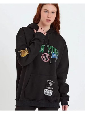 Baskılı Kapüşonlu Sweatshirt - Siyah