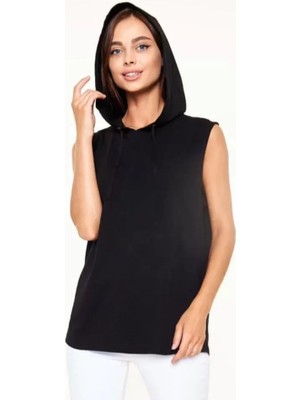 Unisex Kapşonlu Kolsuz Düz Oversize T-Shirt - Siyah