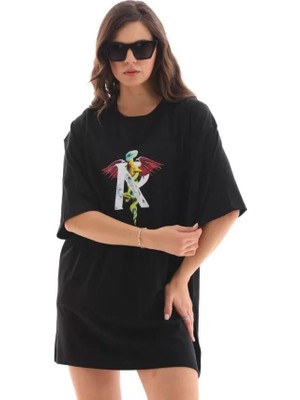 Unisex Bisiklet Yaka Baskılı Oversize T-Shirt - Siyah