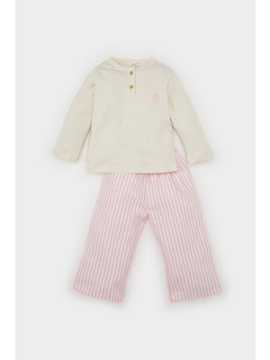 DeFacto Kız Bebek Pijama Takımı Dokuma Twill Bisiklet Yaka Uzun Kollu Üst Çizgili Alt D5382A524WN