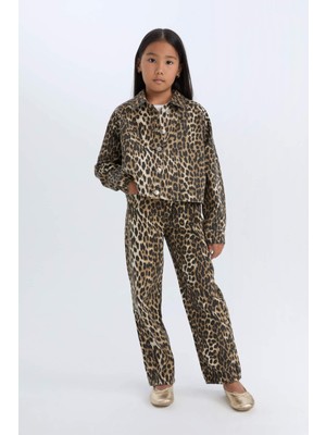 DeFacto Kız Çocuk Leopar Desenli 90's Wide Leg Düz Paça Gabardin Pantolon E2778A824WN