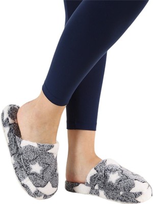 Liger Önü Kapalı Yıldız Baskılı Peluş Kadın Ev Terliği SİYAH