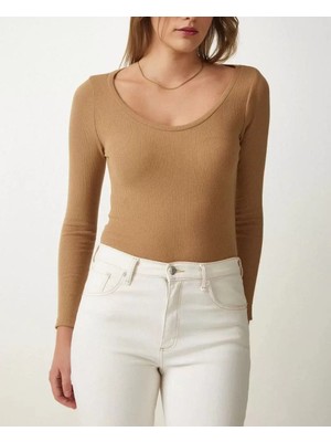 Koflandy Kadın Fitilli Likralı Body Crop - Camel