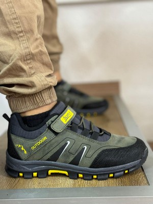 Bantlı  Kısa Çocuk Spor Outdoor Ayakkabı-Haki-Sarı