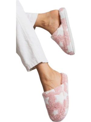 Liger Önü Kapalı Yıldız Baskılı Peluş Kadın Ev Terliği Pudra