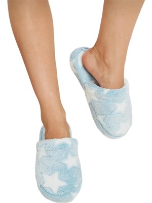 Liger Önü Kapalı Yıldız Baskılı Peluş Kadın Ev Terliği MAVİ