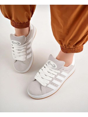 Unisex Klasik Bağcıklı Ortopedik Spor Sneaker Ayakkabı-Füme-Beyaz