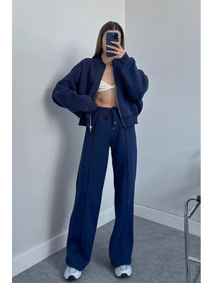 Neşeli Butik Kadın Lacivert Şardonlu Üç İplik Eşofman Takımı GTS018 Rahat ve Terletmez Kumaş