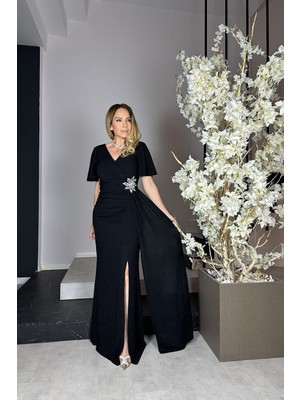 Ges Moda G0985 Taş Detaylı Simli Maksi Abiye Elbise Siyah