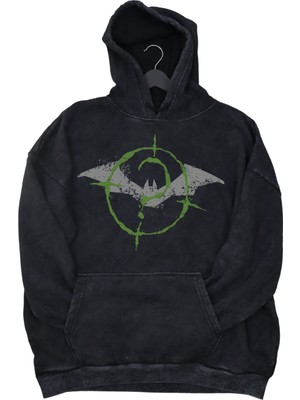 Fuddy Moda Unisex Batman Baskılı Kapüşonlu Yıkamalı Sweatshirt, Oversize Batman Logo Eskitme Hoodie