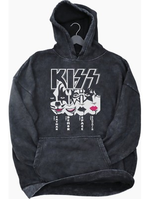 Fuddy Moda Unisex Kiss Baskılı Kapüşonlu Yıkamalı Sweatshirt, Oversize Rock Band Baskılı Eskitme Hoodie