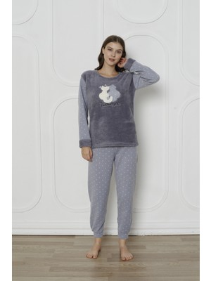 Fwn 3011 Peluş Welsoft Polar Kışlık Kadın Ev Kedi Işlemli Pijama Takımı