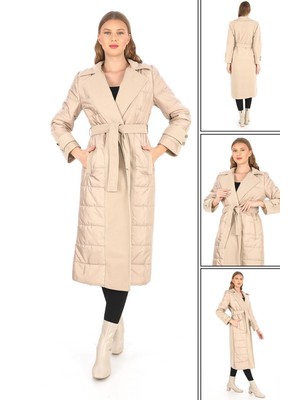 Şahika Kadın  Kapitone Detaylı Astarlı Genç Kaşe Kaban