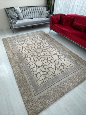 Carpet Cover Çini Model Kahverengi Lastikli Kadife Halı Örtüsü