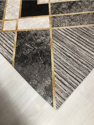 Carpet Cover Siyah Gri Gold Şerit Model Lastikli Kadife Halı Örtüsü