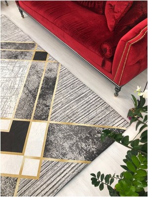 Carpet Cover Siyah Gri Gold Şerit Model Lastikli Kadife Halı Örtüsü