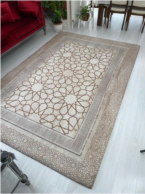 Carpet Cover Çini Model Kahverengi Lastikli Kadife Halı Örtüsü