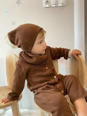 Merra Kids Unisex Bere Boyunluklu Tulum Kahverengi