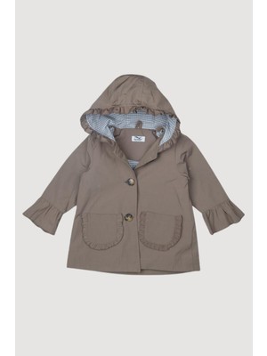 Kapüşonlu Astarı Ekose Desenli Cepli Düğmeli Yağmurluk Kız Çocuk Mont