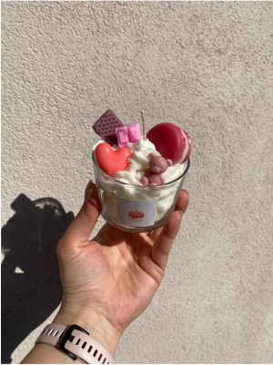 Loş Dükkan Kremalı Pembe Konsept Makaron ,gofret ,çikolata ,kalp ,ayıcık Temalı Çocuk Mumu