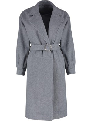 Kadın Moda Şık Regular Ceket Yaka Uzun Düz Astarlı Toka Detaylı Kuşaklı Regular Kaban