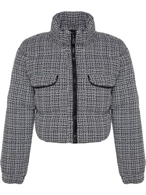 FRM Kadın Moda Şık Regular Dik Yaka Crop Desenli Astarlı Regular Tüvit Crop Şişme Mont