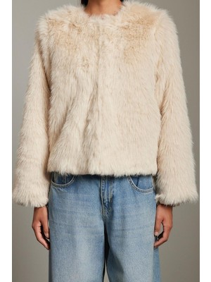 FRM Kadın Moda Şık Bol Bisiklet Yaka Standart Düz Astarlı Oversize Kürk Mont