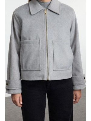 Kadın Moda Şık Oversize Gömlek Yaka Standart Düz Astarlı Oversize Kaşe Ince Ceket Mont