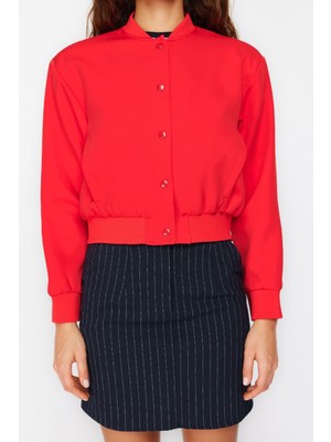 Kadın Moda Şık Bol Hakim Yaka Crop Düz Astarlı Oversize Crop Ince Bomber Mont